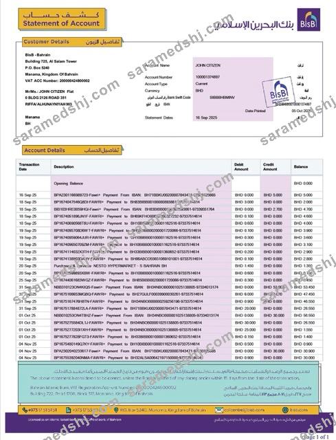 Bahrain Islamic Bank statement of account Word and PDF template